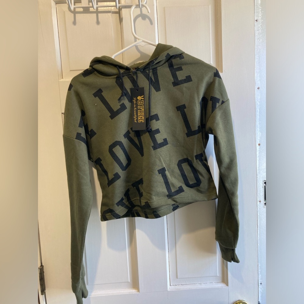 Army Green “LOVE” Cropped Sweatshirt Hoodie